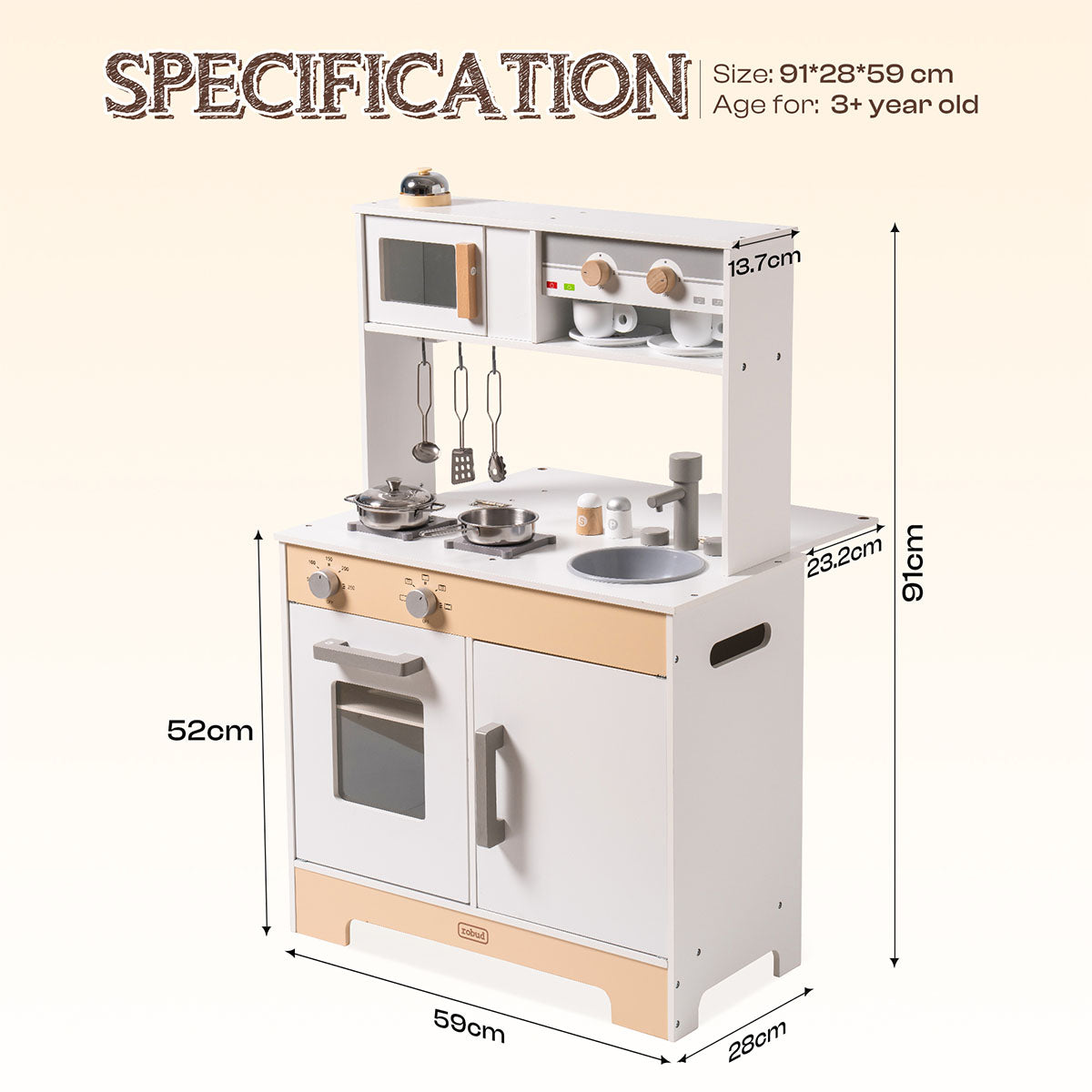 ROBUD WCF06 play kitchen specification showing dimensions 59 cm wide, 52 cm deep and 80 cm tall.