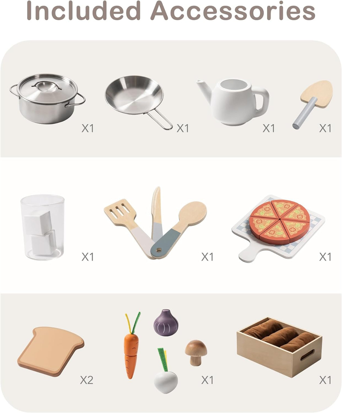 Robud kitchen playset included accessories flat lay showing pots, pans, utensils, pizza and vegetables