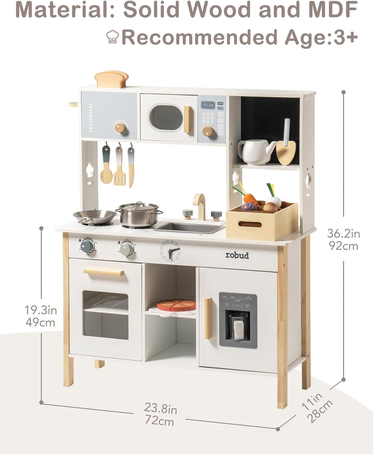 Robud play kitchen material spec label showing solid wood MDF construction and age 3 plus recommendation