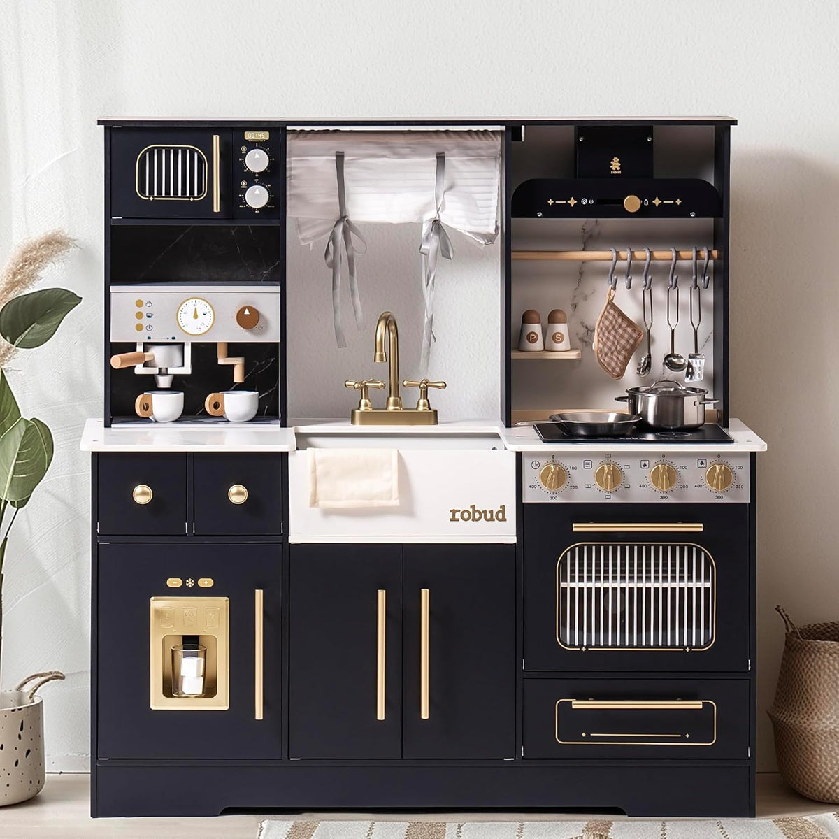 Robud wooden play kitchen black, main product photo on white background