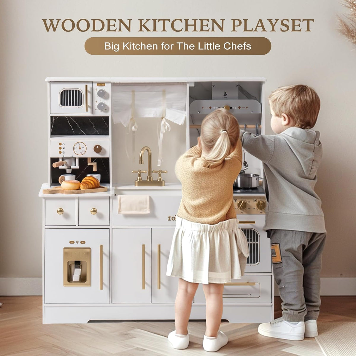 ROBUD Modern Play Kitchen product size diagram showing dimensions of 96.5 cm wide by 101 cm tall with the kitchen set viewed at a slight angle highlighting all features and accessories