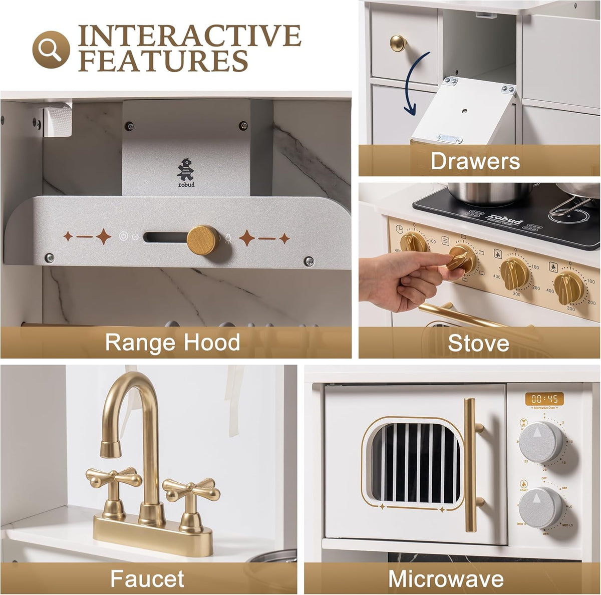 ROBUD Modern Play Kitchen interactive features detail panels showing open oven door with croissant tray, ice maker dispenser, cabinet storage and espresso coffee machine with wooden cups