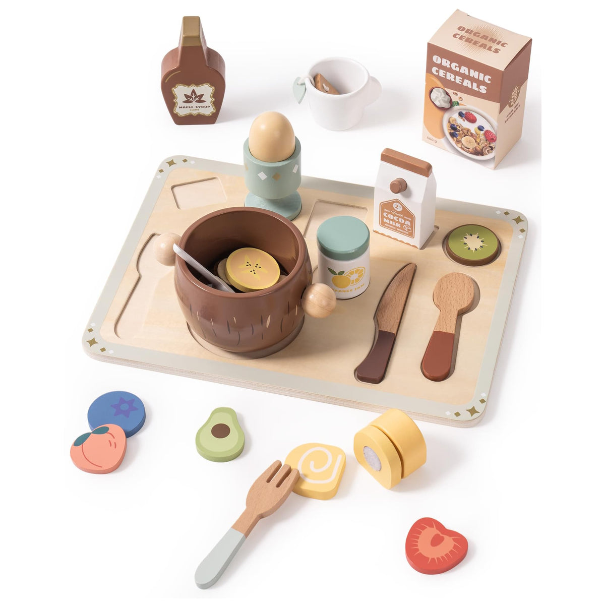 ROBUD wooden play food breakfast set in warm beige tones with bowl, cups, pancakes and condiment bottles