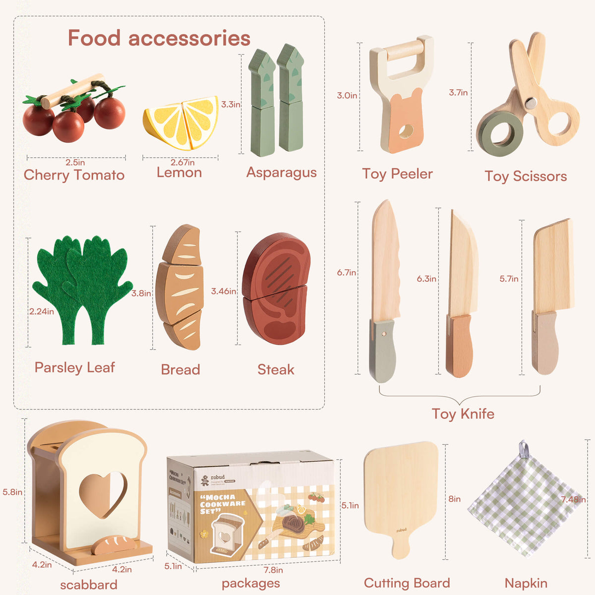 ROBUD Mocha Cookware Set accessories diagram showing wooden cherry tomatoes, lemon, asparagus, peeler, scissors, parsley, bread, steak, knives, cutting board and napkin with measurements