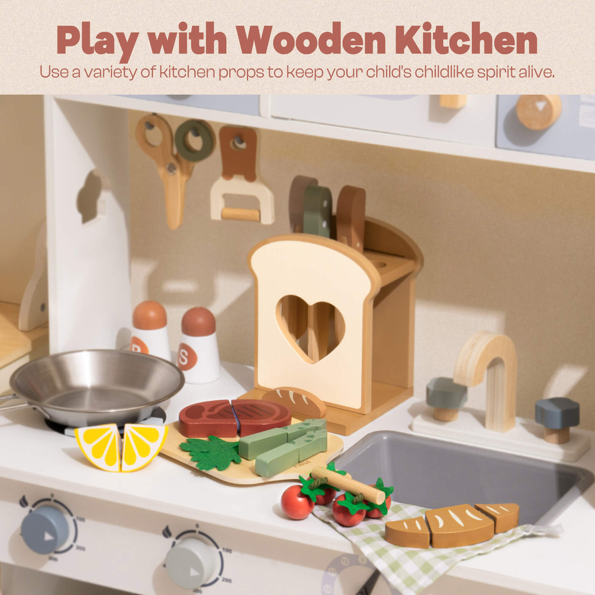 ROBUD Mocha Cookware Set play kitchen infographic with toy stove, turning knobs, water tap sink and oven baking accessories shown in detail callouts