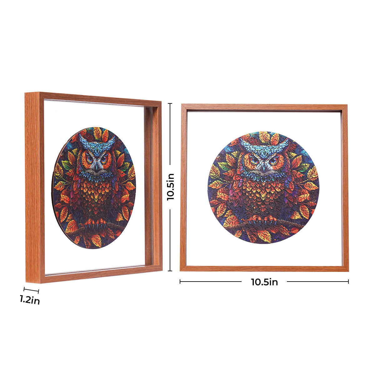 Rowood Moonlight Owl wooden jigsaw puzzle displayed in a 10.5 by 10.5 inch shadow box frame showing front and side views with dimensions