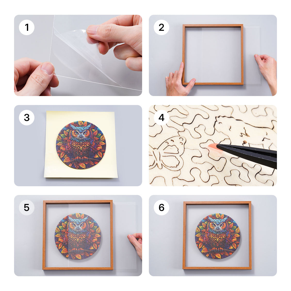 Six step assembly guide for the Rowood Moonlight Owl wooden jigsaw puzzle showing peeling adhesive, inserting the frame and sealing the acrylic cover
