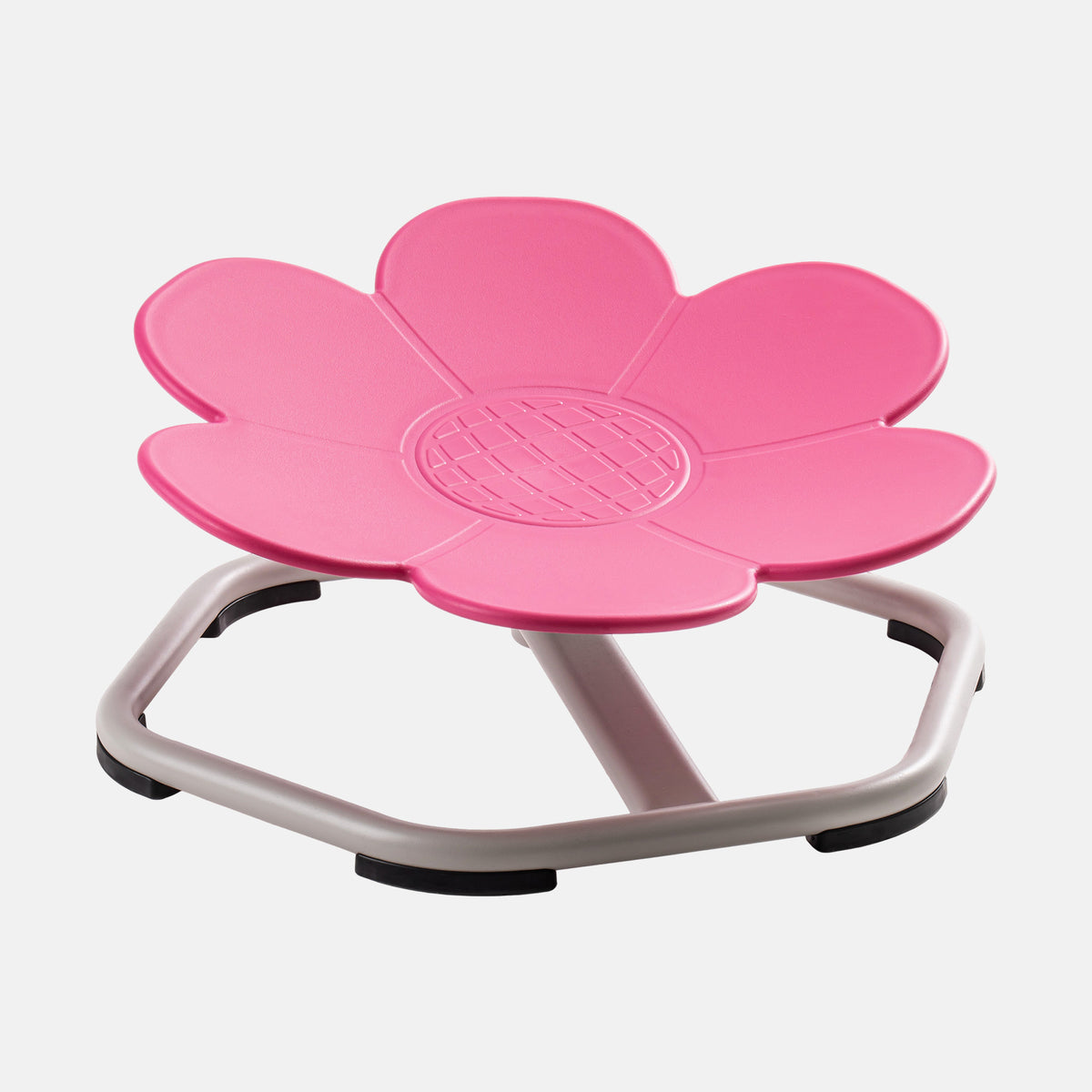 ROBUD Flower Swivel Chair blue version lifestyle shot showing a mother and toddler son playing together on a wooden floor in a bright kitchen as the child sits on the blue flower spinning seat