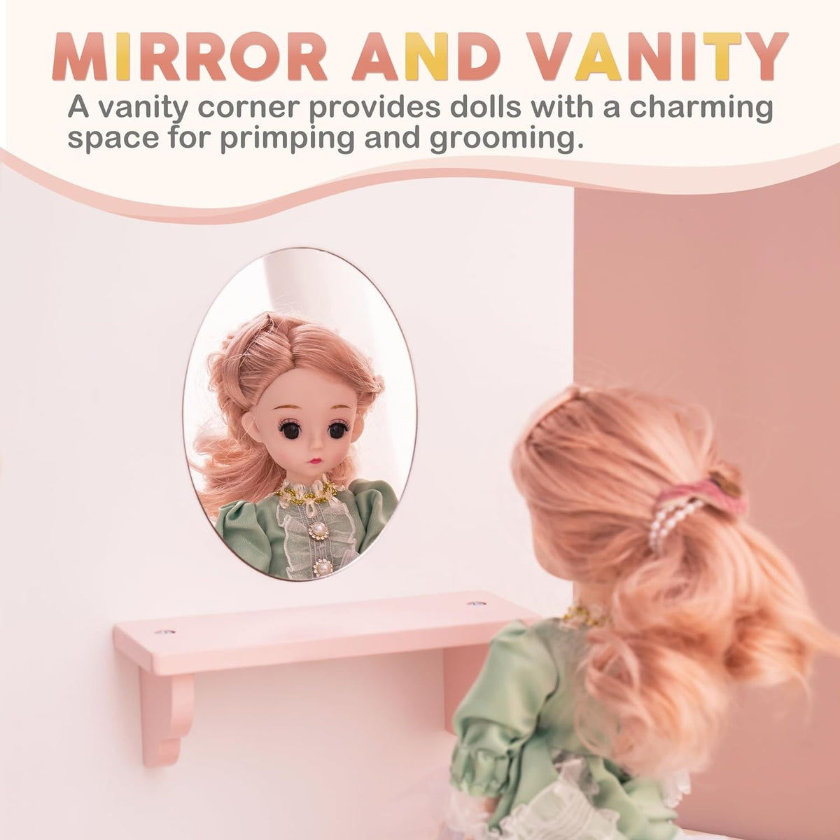 Robud wooden doll wardrobe with mirror and vanity corner, showing a doll with accessories displayed