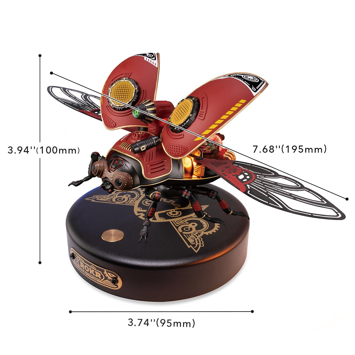 ROKR Scout Beetle 3D wooden puzzle on white background with annotated dimensions showing 7.68 by 3.94 inch size