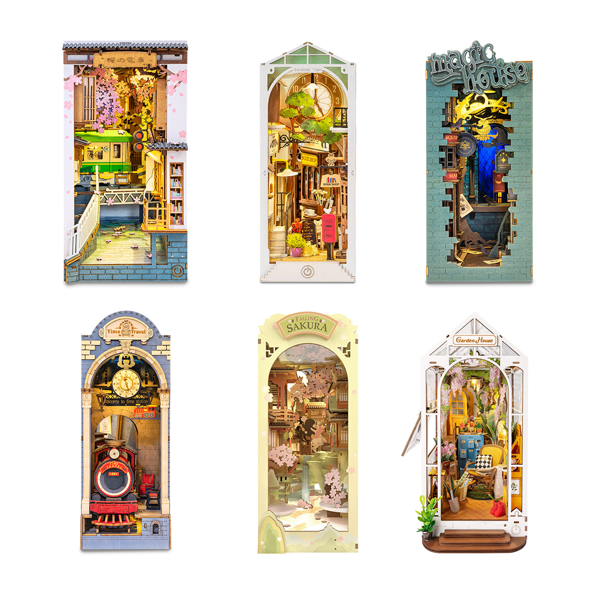 Six Rolife book nook DIY kits in a grid showing garden alley, city street and treehouse miniature scenes