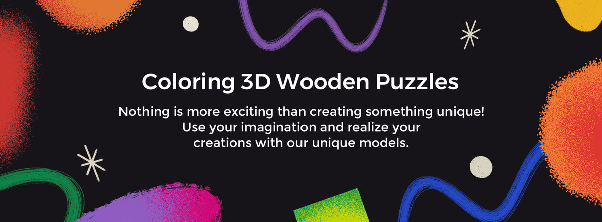 Robotime coloring 3D wooden puzzles banner uses chalk style shapes on a black background.