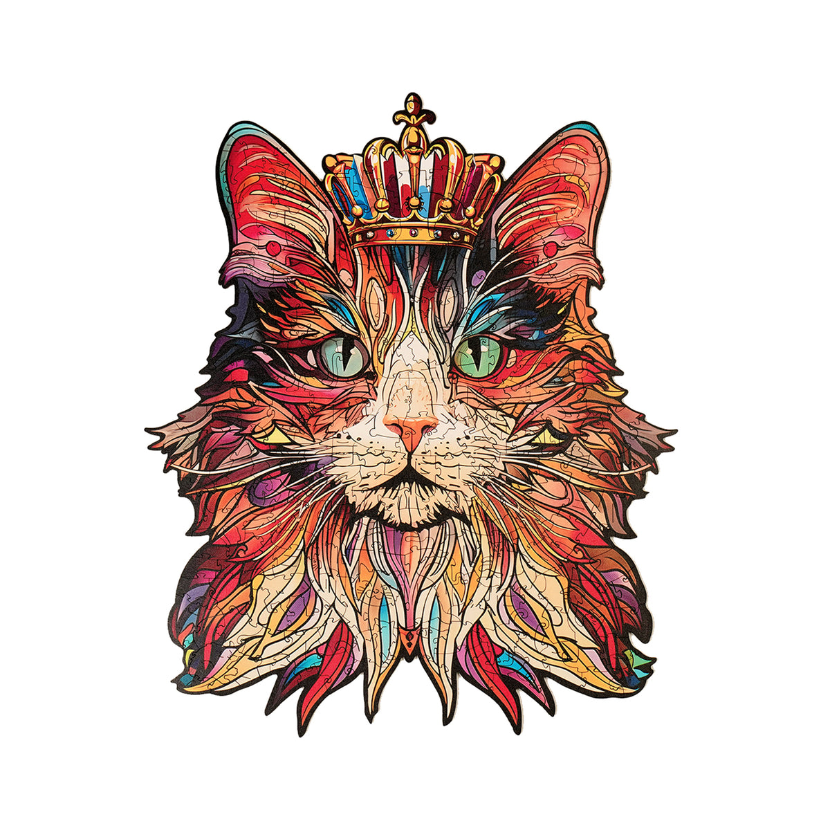 Rowood colorful wooden cat puzzle portrait with crown showing orange, red and teal patterned fur on white background