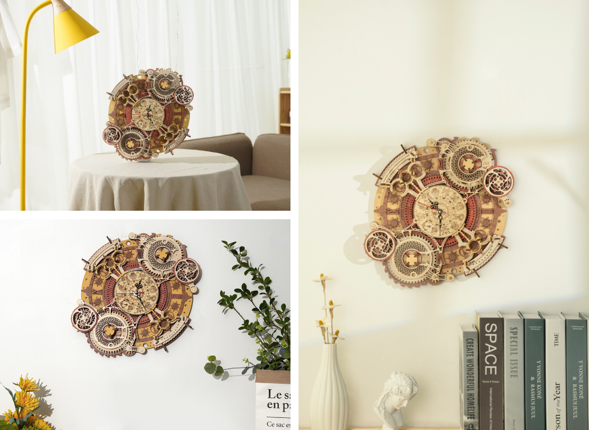 ROKR mechanical wall clock collage showing three views of large round wooden gear clock mounted on white walls in living room and bookshelf settings