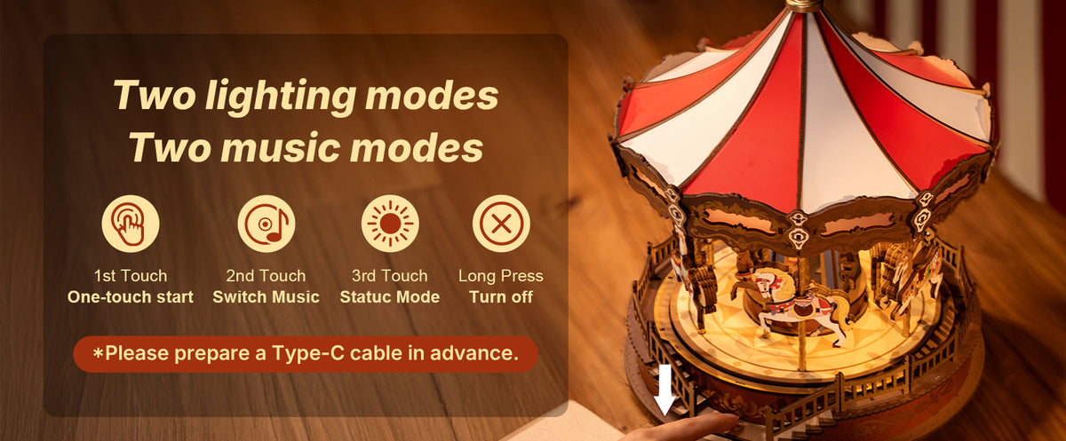 Rolife Classic Carousel 3D wooden puzzle AMC01 feature graphic showing two lighting modes and two music modes with touch-control icons and a Type-C power note beside the illuminated model
