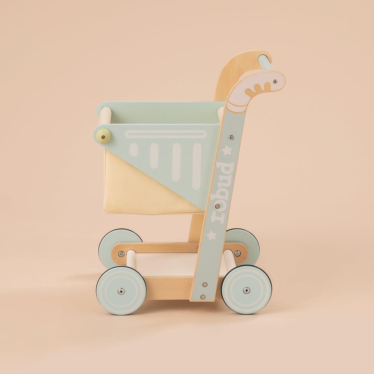 ROBUD wooden baby push walker WRP02 side view showing three-quarter angle with cream canvas bin and green wheel detail