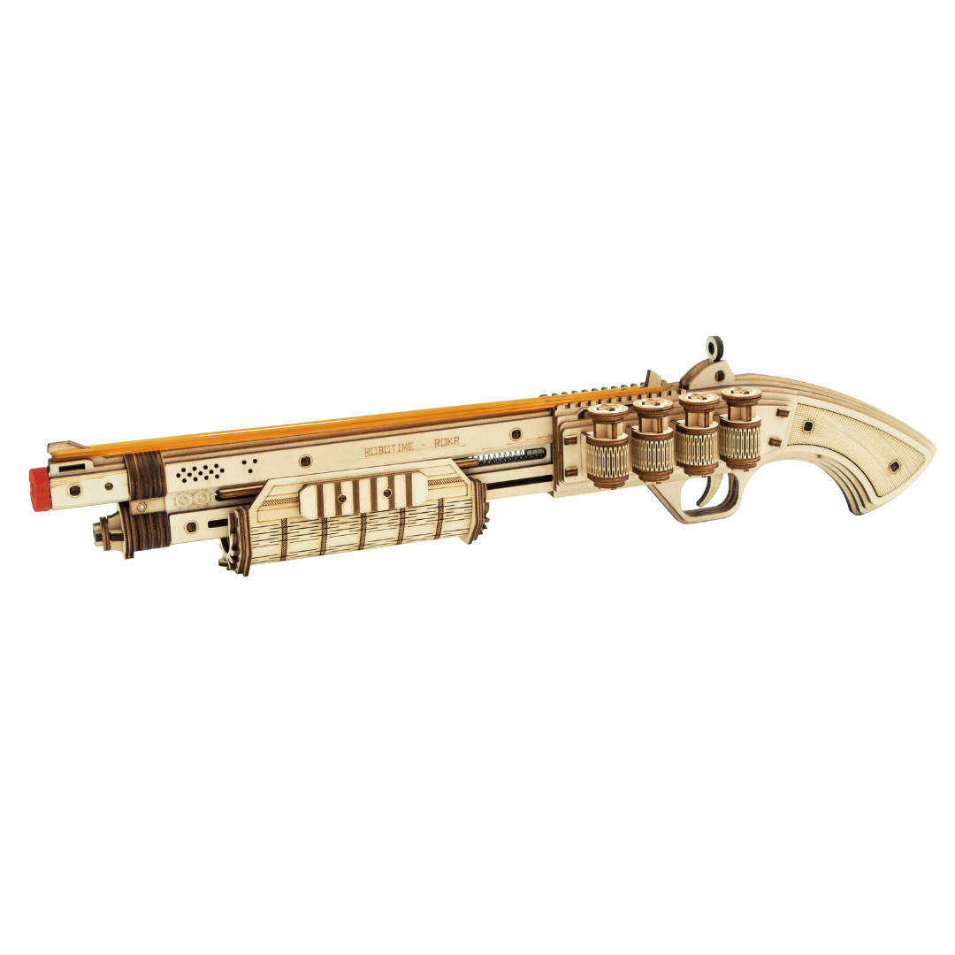 ROKR Terminator M870 wooden shotgun model in natural birch with orange barrel tip and side-mounted shell holders