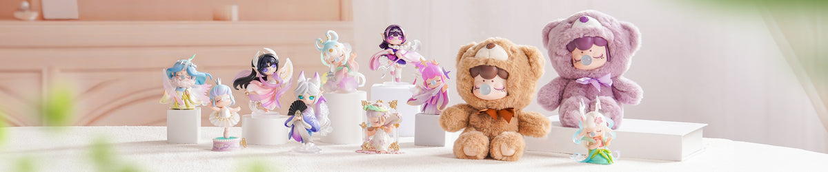 Rolife Surprise Figure Dolls collection banner featuring a row of pastel-coloured character figurines on a light shelf