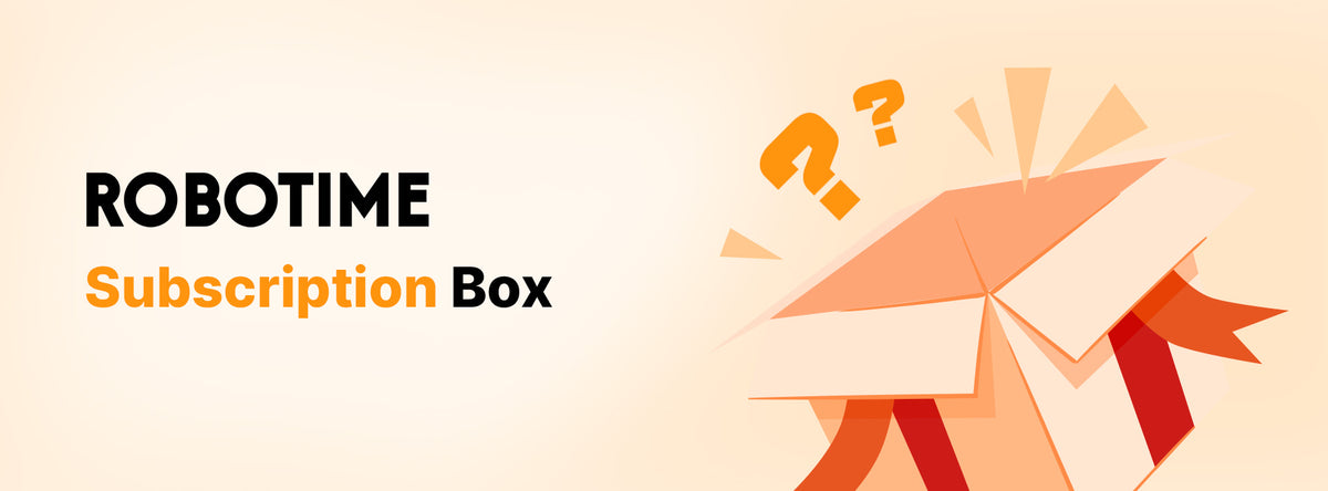 Robotime Subscription Box desktop banner showing an open peach gift box with question marks and surprise reveal theme.