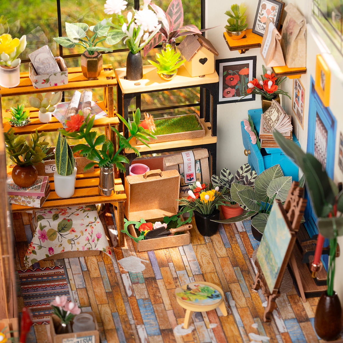Rolife miniature greenhouse interior showing shelves of plants, terracotta pots and stool on patterned floor