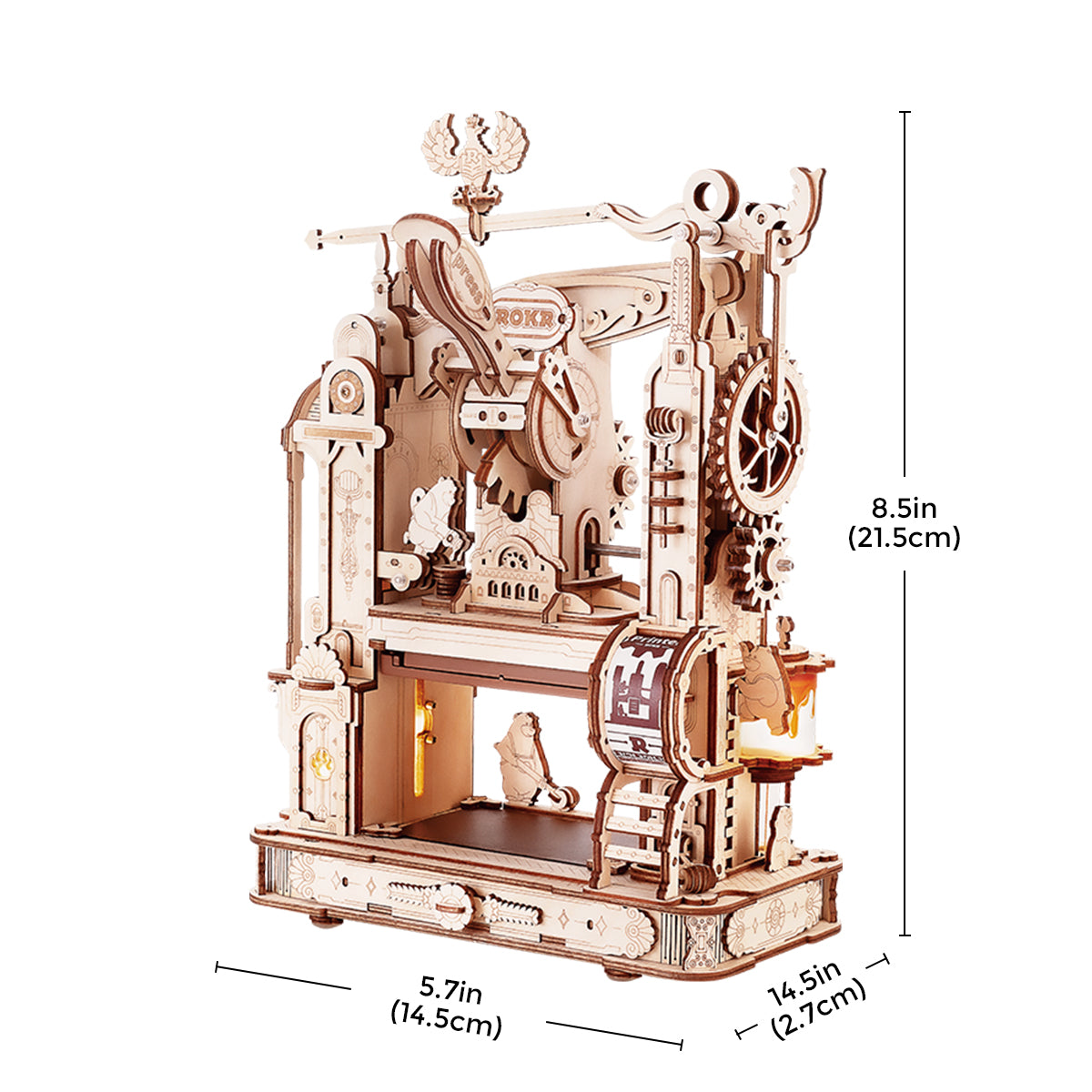 ROKR Classic Printing Press wooden model dimensions diagram showing 16.5 by 5.7 by 8.5 inch measurements on white background