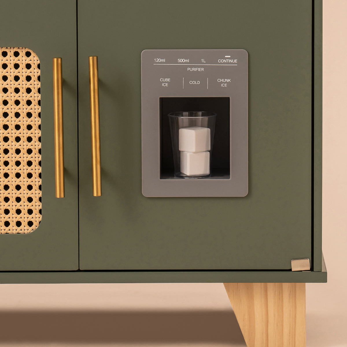 ROBUD vintage green wooden play kitchen WCF04 lower cabinet detail showing refrigerator door with water dispenser