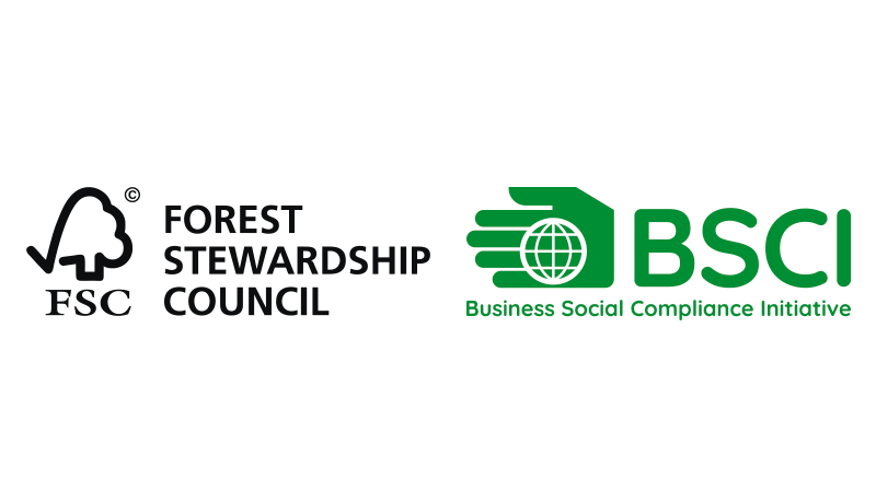 FSC and BSCI certification marks in green and black on a plain white background