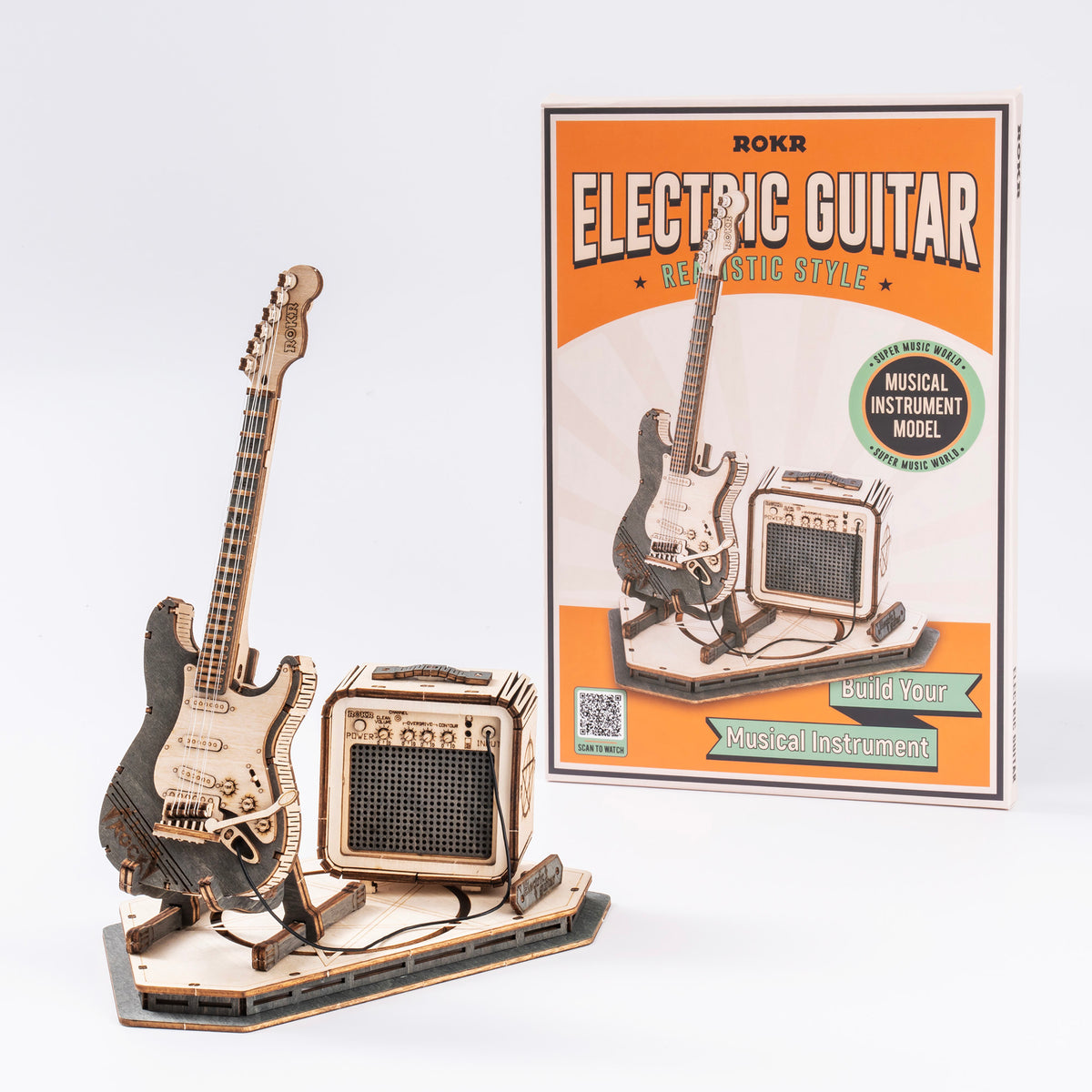 ROKR Electric Guitar 3D wooden puzzle model beside its orange and cream retail packaging box