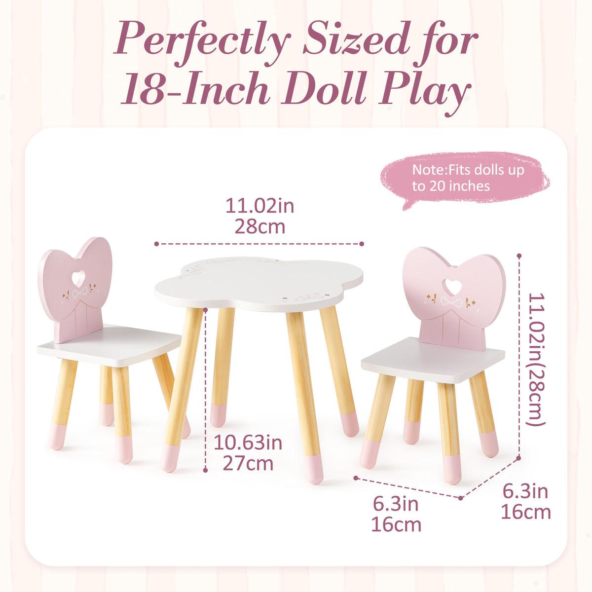 ROBUD 18-inch doll table and chair set size diagram showing 11-inch height and 6.3-inch width with heart-back chairs.