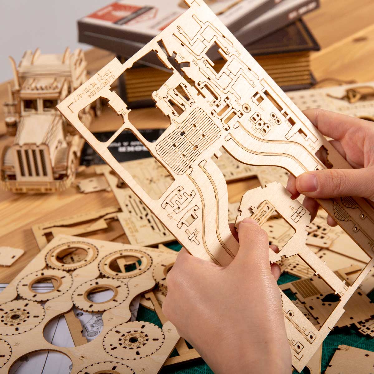 ROKR Grand Prix Car MC401 3D wooden vehicle model kit, top-down view of the assembled model
