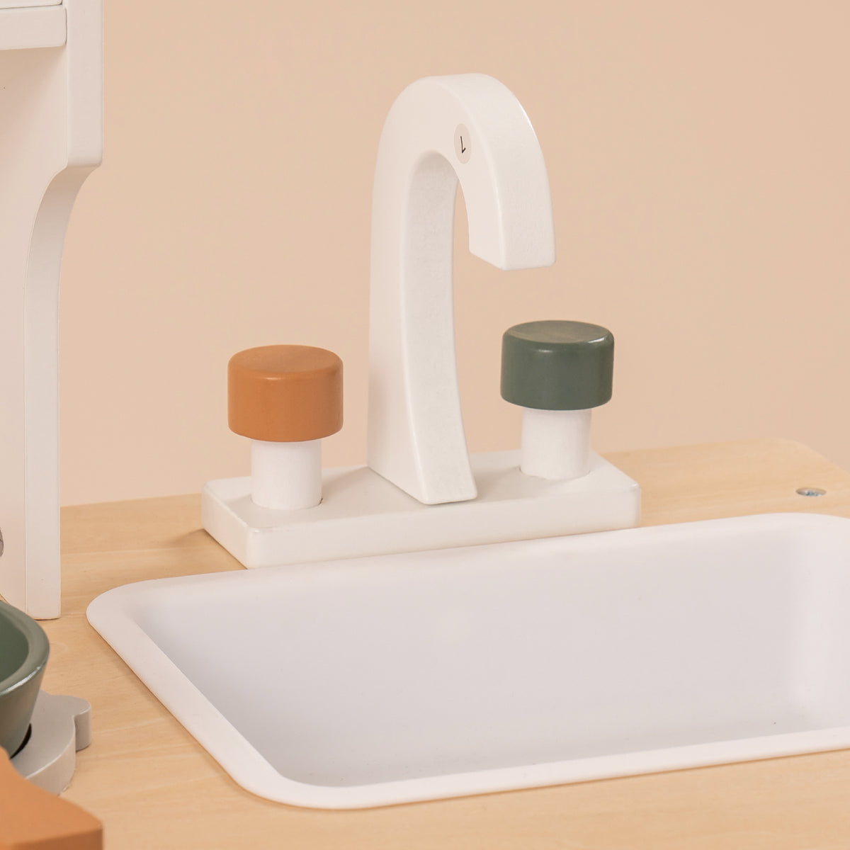 ROBUD vintage green wooden play kitchen WCF04 sink detail showing white basin with faucet and two soap dispensers