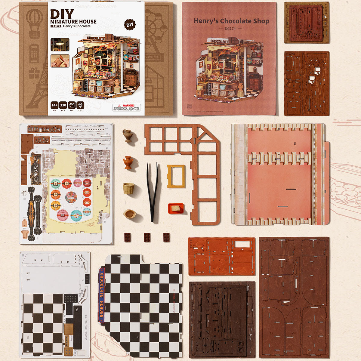 Rolife Henry's Chocolate DIY Miniature House DG174, DIY miniature dollhouse kit, close-up detail