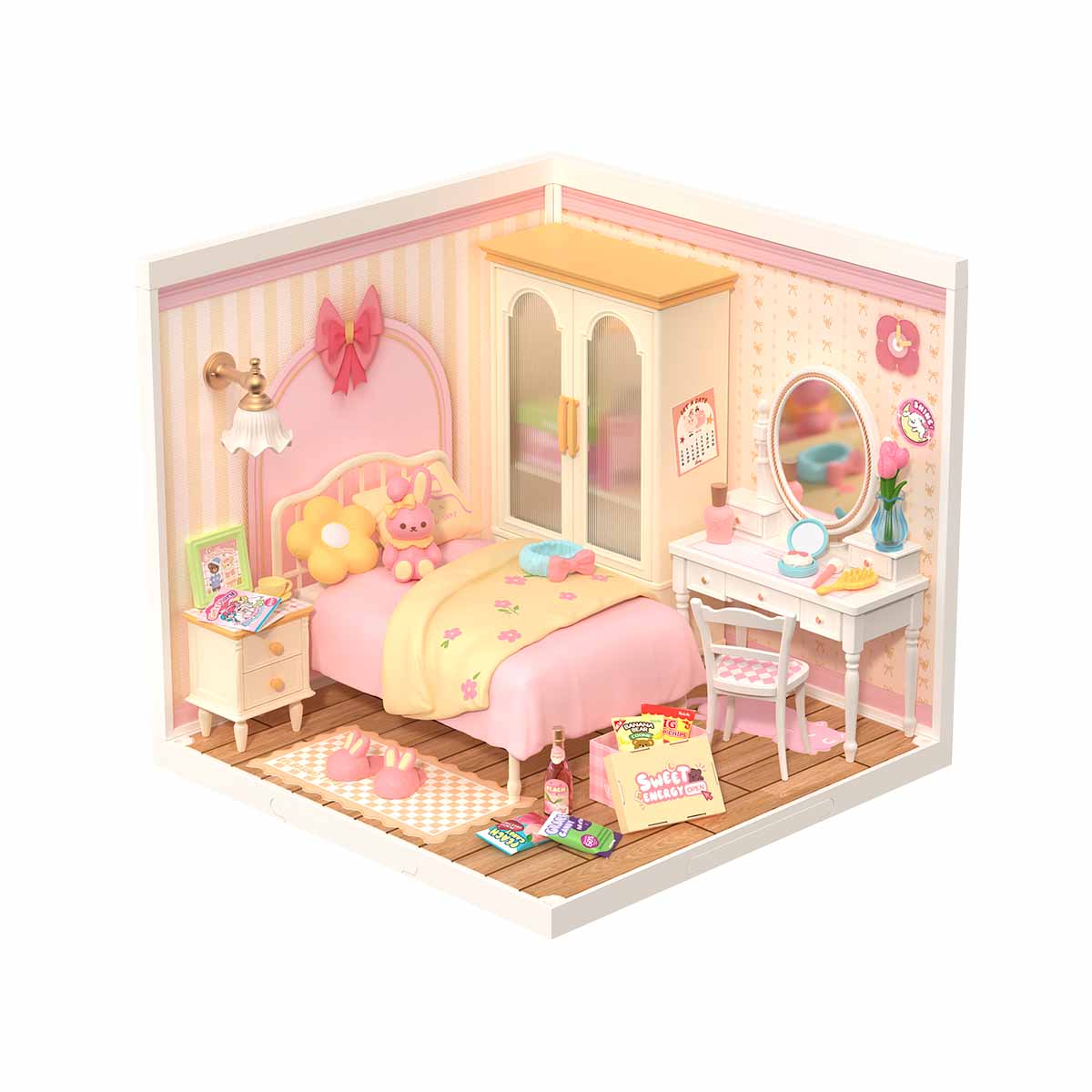 Rolife Lovely Pink Bedroom DIY Miniature House DW016, DIY miniature dollhouse kit, front product view