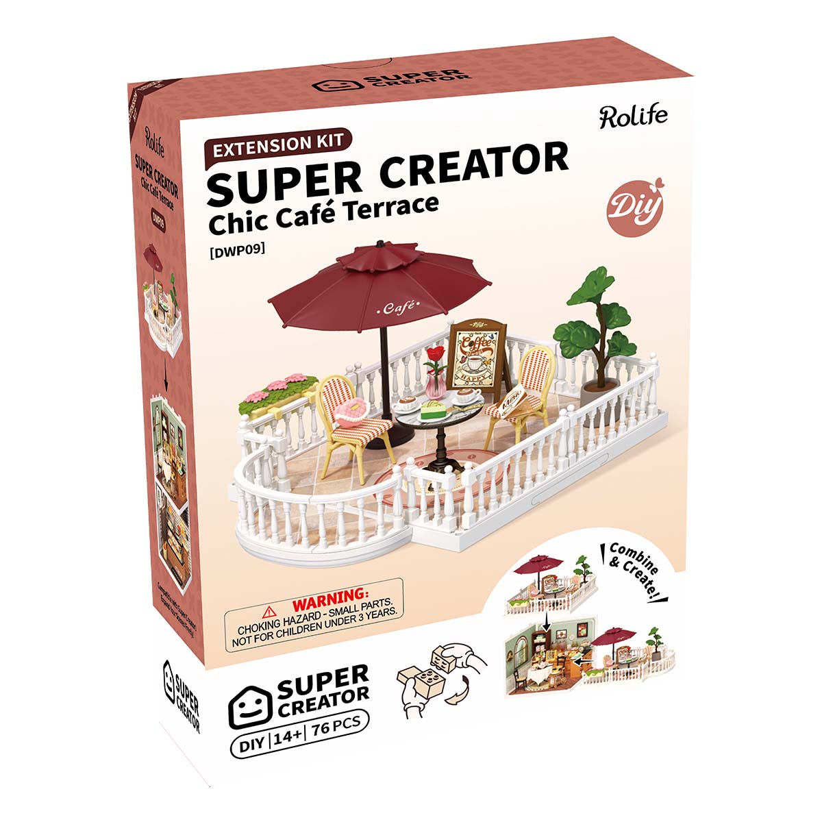 Rolife Super Creator Extension Kit DWP09 Chic Cafe Terrace product box showing the assembled terrace scene with a red café umbrella, rattan chairs, a round table, and white balcony railing.