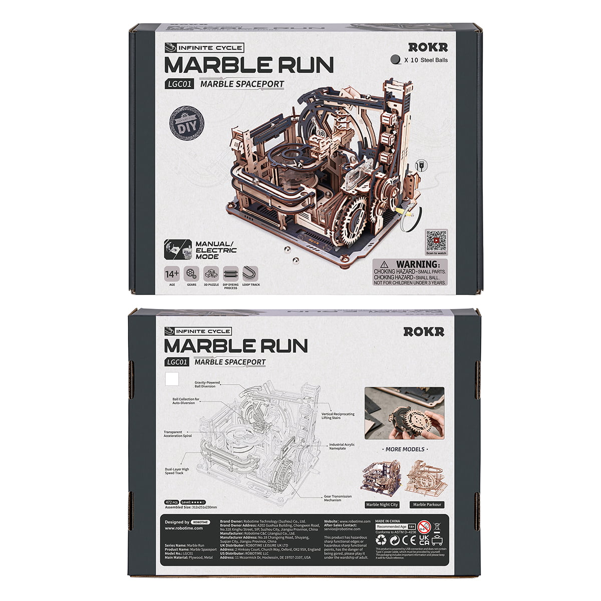 ROKR Marble Spaceport Marble Run LGC01 marble run 3D wooden puzzle, top-down view of the assembled model