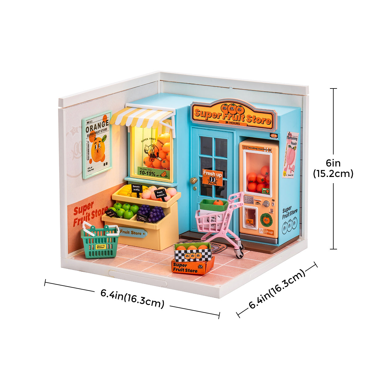 Rolife Super Fruit Store DW003 Super Creator miniature house kit showing interior produce bins, cartoon orange posters
