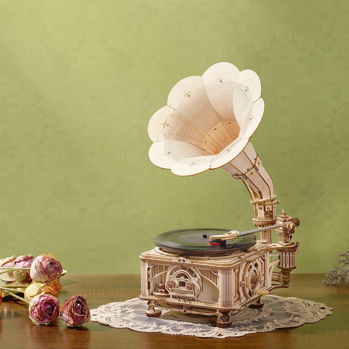 ROKR, Classic Gramophone, LKB01D, 3D wooden gramophone puzzle, front view