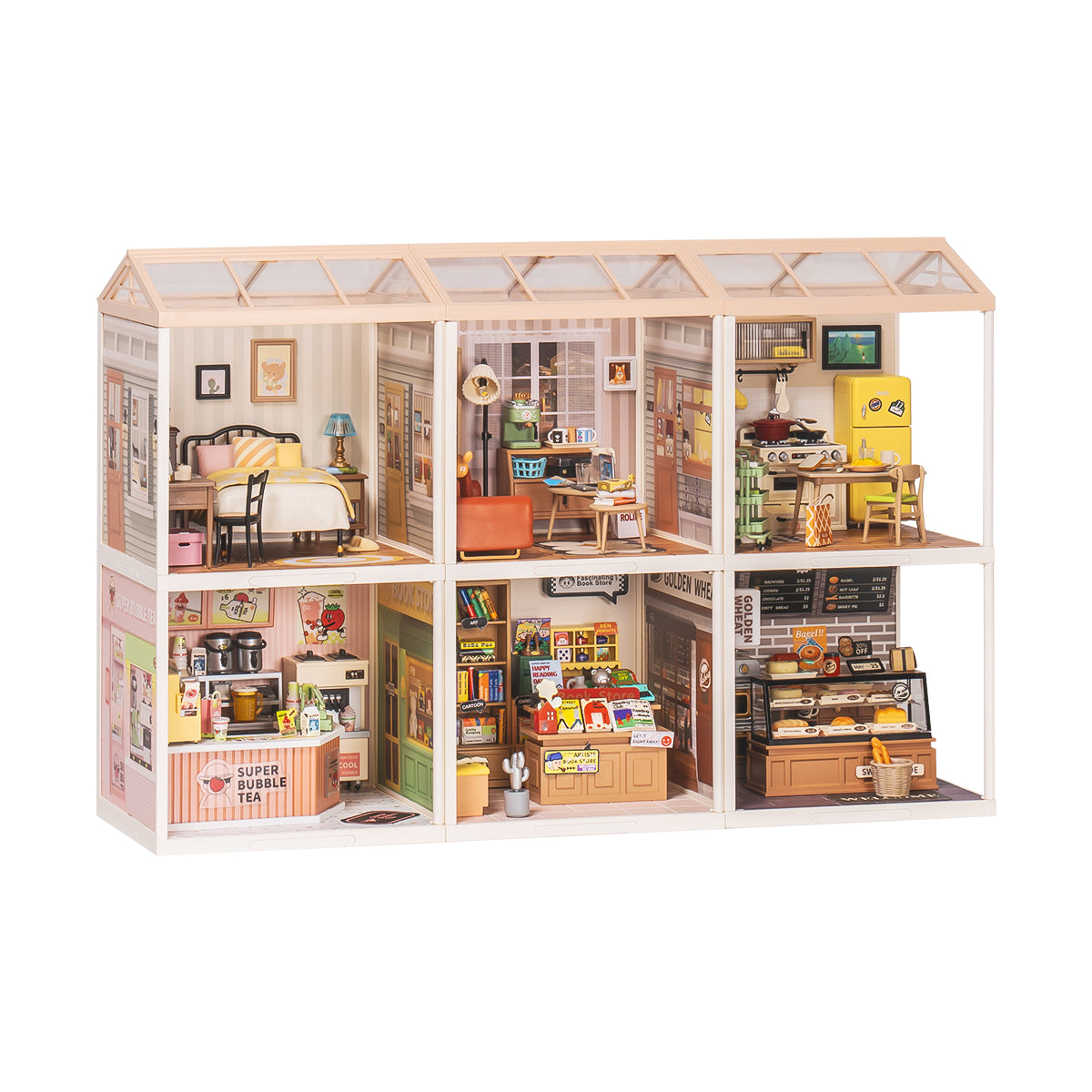 Rolife Super Creator 6-in-1 Six Grid miniature dollhouse displaying a living room, kitchen, bookstore, cafe and cozy retail scenes across six open bays