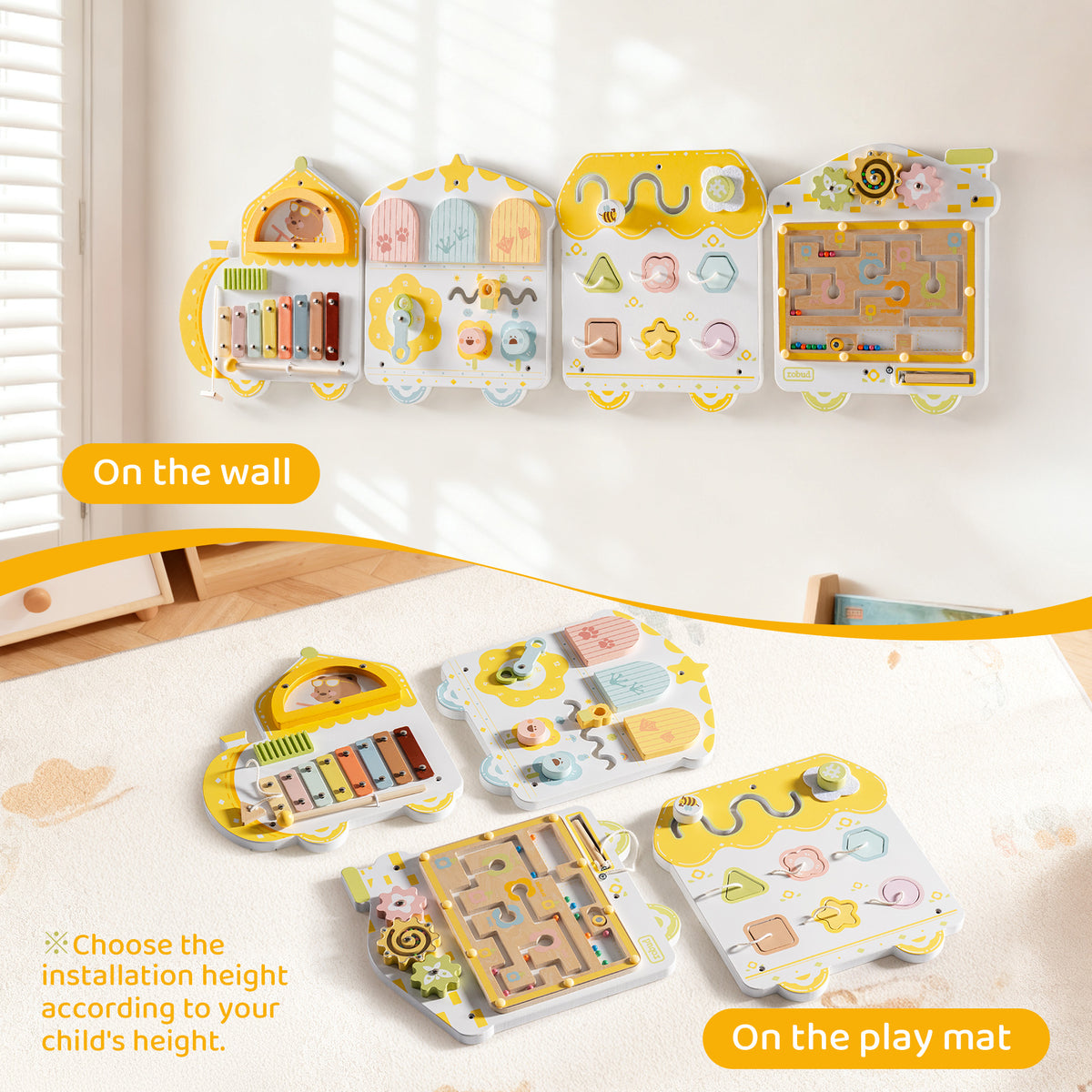 ROBUD yellow spring train busy board shown in two use modes: mounted on the wall at child height and laid flat on a play mat.