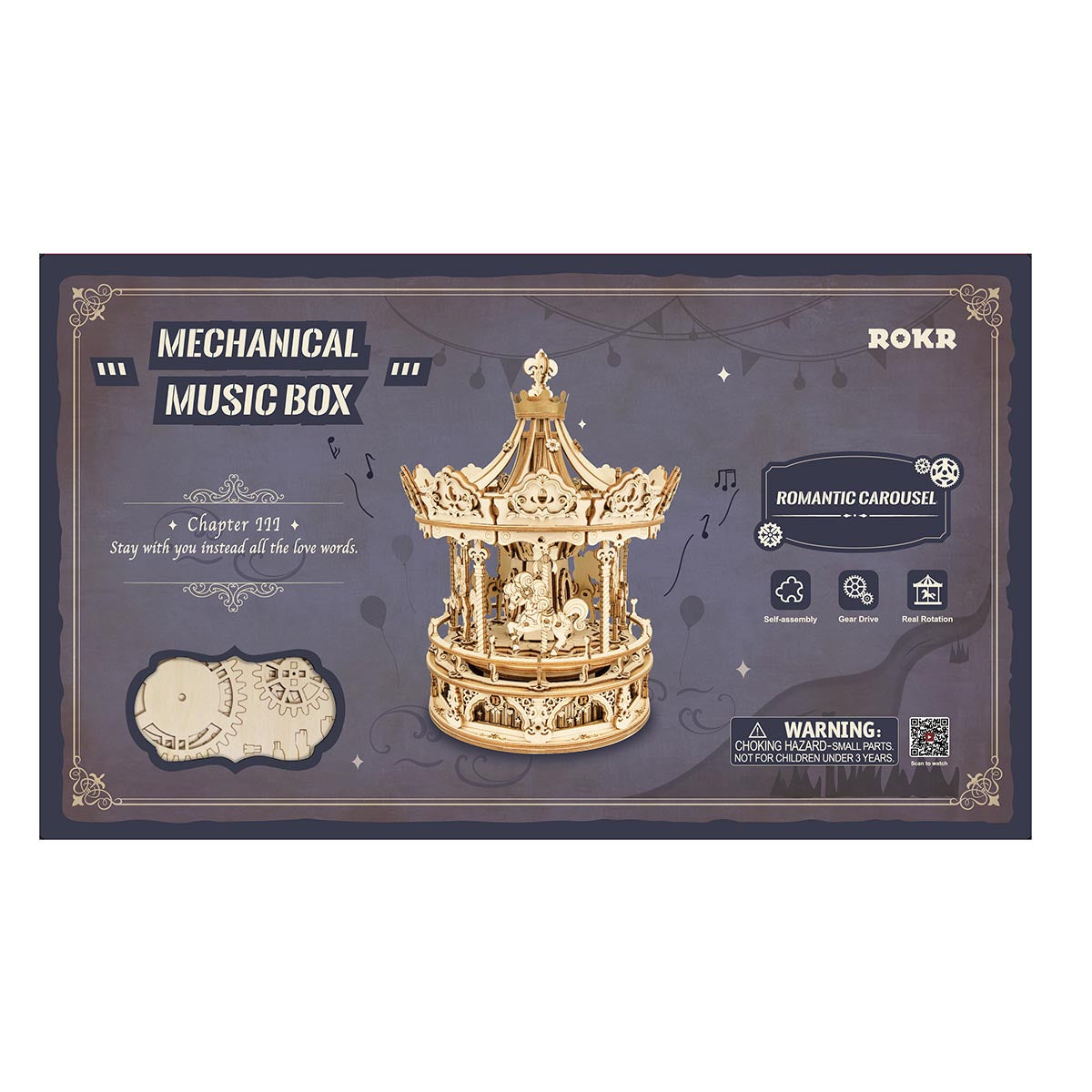 ROKR Romantic Carousel mechanical music box retail packaging showing gold carousel model on dark navy background
