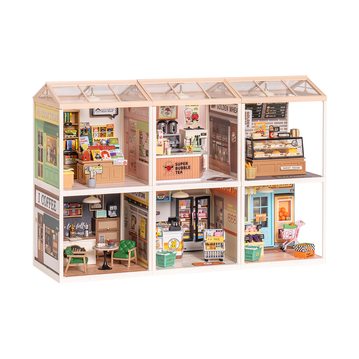 Rolife Super Creator 6 in 1 Six Grid DIY miniature dollhouse kit, decorative miniature scene with figures