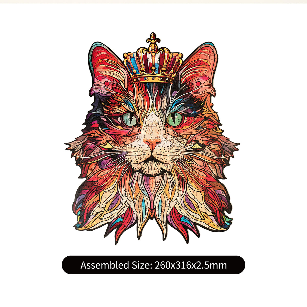 Rowood Cat King wooden puzzle completed showing crowned colorful cat face with assembled size 260x316x2.5mm noted below.