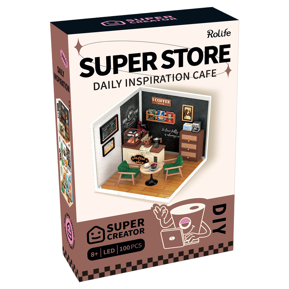 Rolife Daily Inspiration Cafe DW001 retail packaging box showing the product name on an orange and white box with a