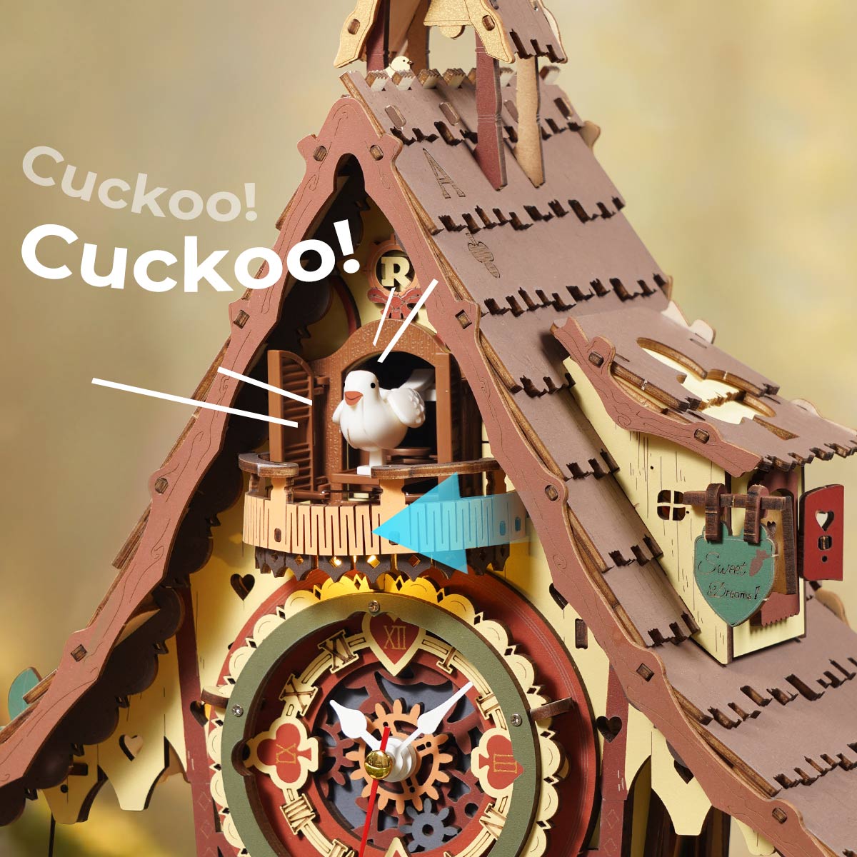 ROKR Cuckoo Clock Mechanical 3D Wooden Puzzle, mechanical cuckoo clock 3D wooden puzzle, side view