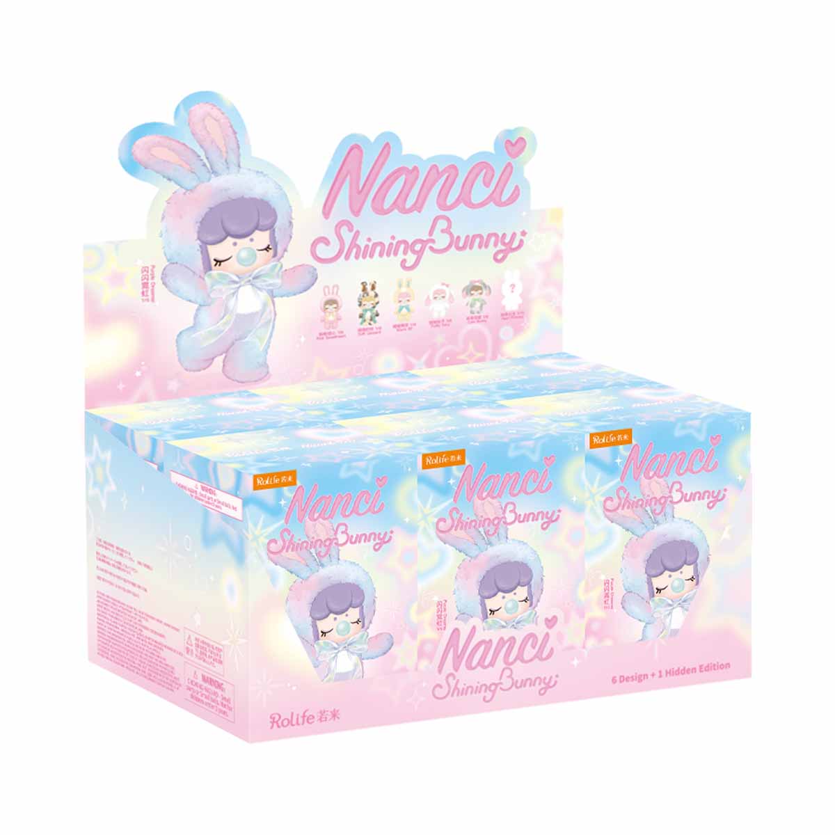 Rolife Nanci Shining Bunny MNBXX single box packaging showing the Purple Dreamer character on a holographic pastel gift box.