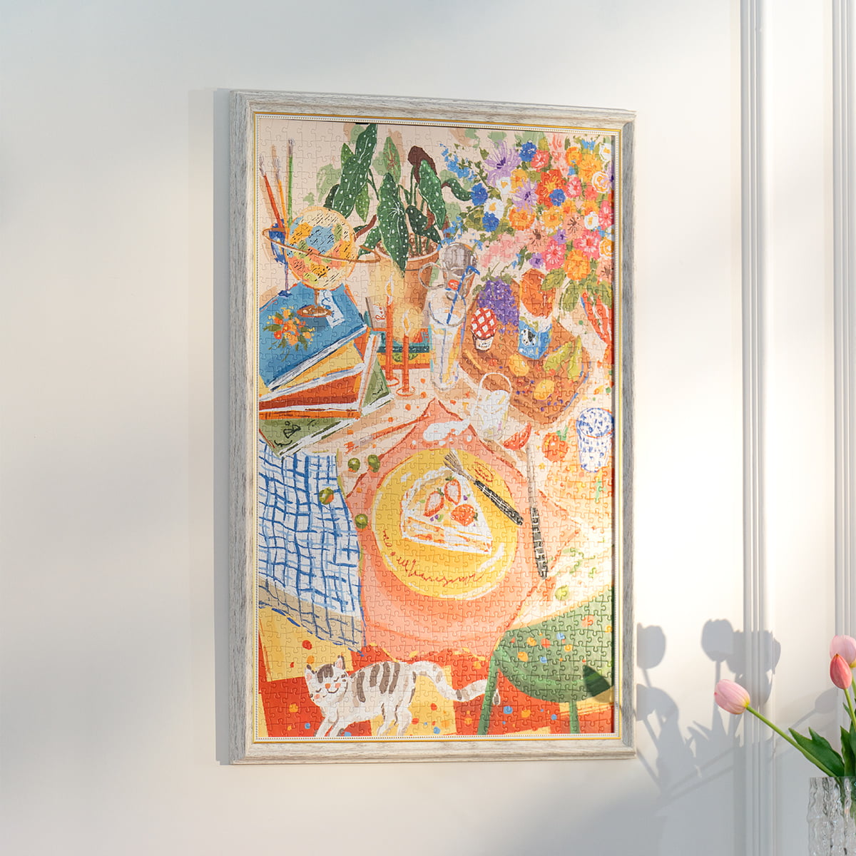 Rolife Leisurely Holiday PT002 completed puzzle framed and hung on wall showing colorful illustrated indoor picnic scene