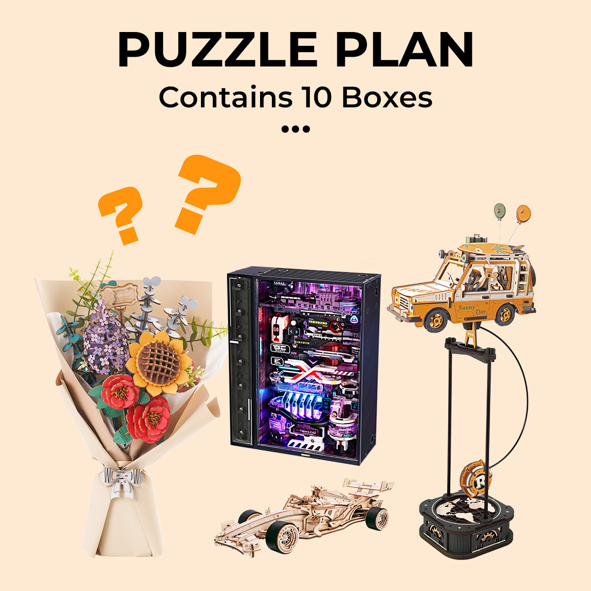 ROBOTIME Subscription Box Puzzle Plan 3D wooden robot model kit, angled three-quarter view of the build