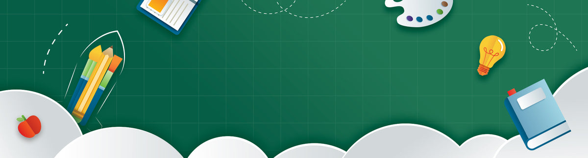 Robotime back-to-school sale illustrated banner with green chalkboard, colored pencils, paint palette, light bulb and open book on a dark green background