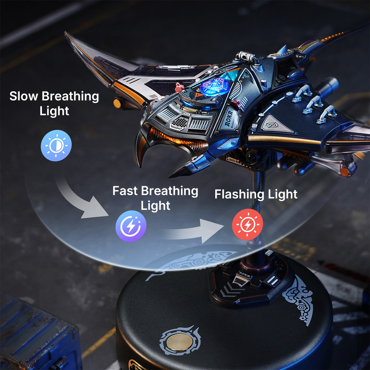 ROKR Manta Ray MI06 mechanical model on its stand with diagram showing three LED light modes including slow breathing, fast breathing, and flashing light options