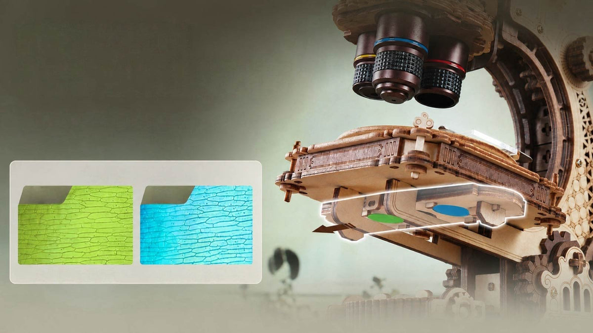 ROKR wooden microscope puzzle beside two panels showing green and teal fabric specimens as seen through the lens.